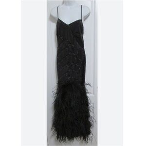 BEBE Beaded Feather Black Long Evening Dress